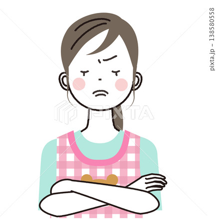 エプロンをつけた保育士のイラスト 腕組みをして険しい表情 エプロンをつけた保育士のイラスト 腕組みをして険しい表情 138580558