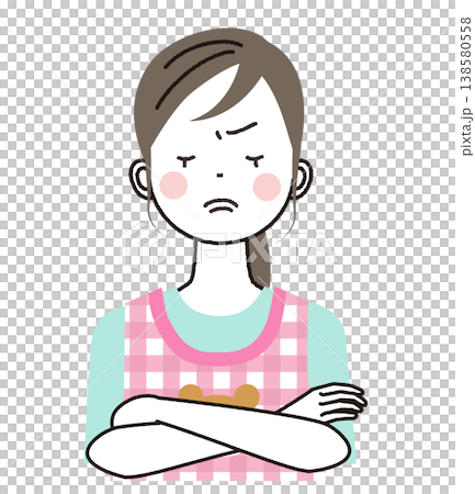エプロンをつけた保育士のイラスト 腕組みをして険しい表情 エプロンをつけた保育士のイラスト 腕組みをして険しい表情 138580558
