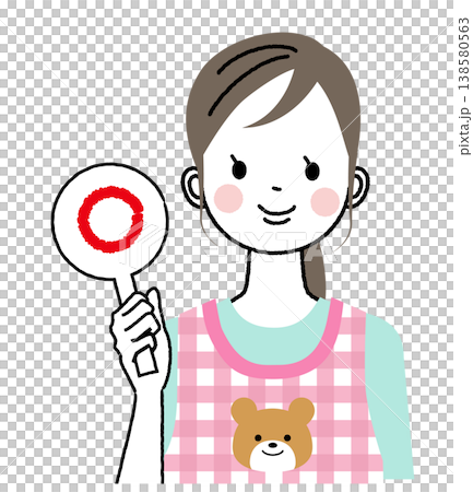 エプロンをつけた保育士のイラスト　マルのプラカードをあげている 138580563