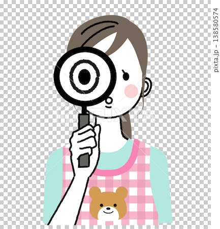 An illustration of a nursery school teacher wearing an apron, being closely observed with a magnifying glass. An illustration of a nursery school teacher wearing an apron, being closely observed with a magnifying glass. 138580574