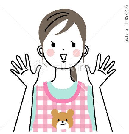 エプロンをつけた保育士のイラスト 両手を開いてバンザイのポーズ エプロンをつけた保育士のイラスト 両手を開いてバンザイのポーズ 138580575