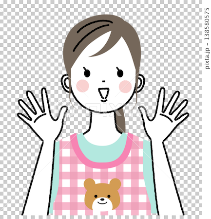 An illustration of a nursery school teacher wearing an apron, raising both arms in a "banzai" pose. An illustration of a nursery school teacher wearing an apron, raising both arms in a "banzai" pose. 138580575