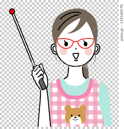 插圖描繪了一位身穿圍裙、手持指示棒的幼教工作者正在指導孩子。 插圖描繪了一位身穿圍裙、手持指示棒的幼教工作者正在指導孩子。 138580576
