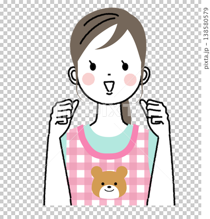 エプロンをつけた保育士のイラスト 笑顔でファイトのポーズ エプロンをつけた保育士のイラスト 笑顔でファイトのポーズ 138580579