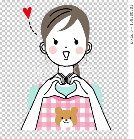 エプロンをつけた保育士のイラスト　両手でハートのポーズ 138580581