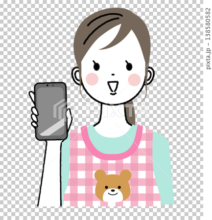 エプロンをつけた保育士のイラスト　スマートフォンの画面をこちらに見せている 138580582