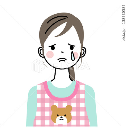 エプロンをつけた保育士のイラスト 辛そうに泣いている エプロンをつけた保育士のイラスト 辛そうに泣いている 138580585