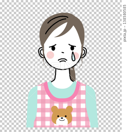エプロンをつけた保育士のイラスト 辛そうに泣いている エプロンをつけた保育士のイラスト 辛そうに泣いている 138580585