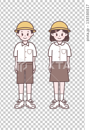 小學高年級學生,制服,帽子,簡單的兒童插畫,站立姿勢。 小學高年級學生,制服,帽子,簡單的兒童插畫,站立姿勢。 138580817