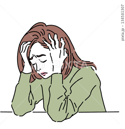 頭を抱えて悩んでいる女性のカラーイラスト 138581307