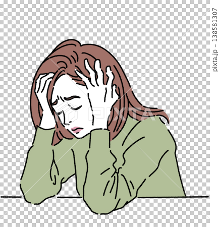 頭を抱えて悩んでいる女性のカラーイラスト 138581307