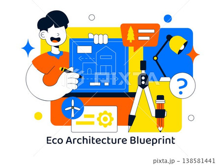 Eco Architecture Blueprint Vector Illustration With Sustainable Building Plan, Engineering Tools, Green, and Modern Construction Drafting Scene 138581441