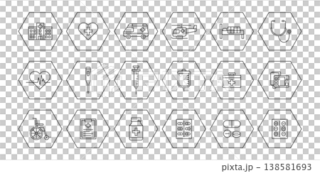 A set of medical icons enclosed in a hexagonal frame. A set of medical icons enclosed in a hexagonal frame. 138581693