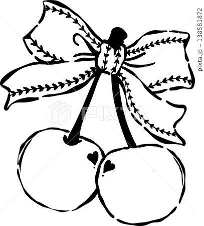 Coquette Cherries with Baseball stitched Ribbon Bow Whimsical Hand Drawn 138581872