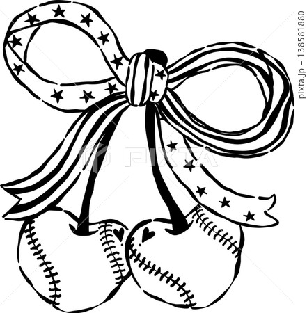 Coquette Baseball Cherry Outline Heart Shaped with Patriotic Bow Whimsical Hand Drawn Coquette Baseball Cherry Outline Heart Shaped with Patriotic Bow Whimsical Hand Drawn 138581880