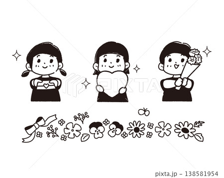 ありがとう」を伝える笑顔の子供たちのイラスト 白黒（卒園