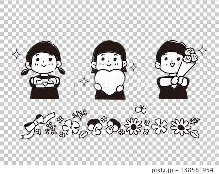 ありがとう」を伝える笑顔の子供たちのイラスト 白黒（卒園