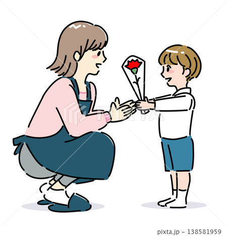 母の日にカーネーションをプレゼントする男の子と母親のイラスト（全身、横向き） 138581959