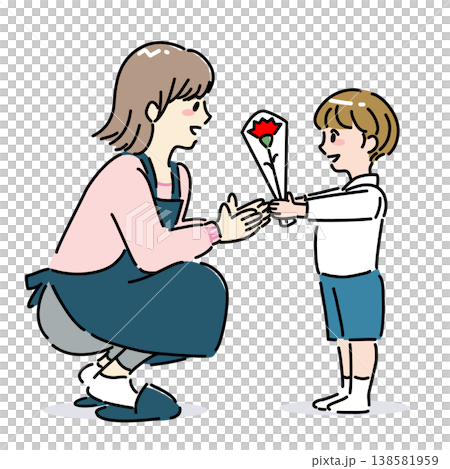 母の日にカーネーションをプレゼントする男の子と母親のイラスト（全身、横向き） 138581959