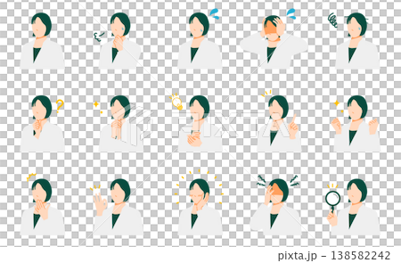 A set of facial expressions for businesswomen (a collection of reaction illustrations such as worrying, having an idea, and saying OK). 138582242