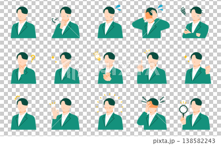 A set of facial expressions for business figures (male) (a collection of reaction illustrations such as worrying, having an idea, and saying OK). 138582243