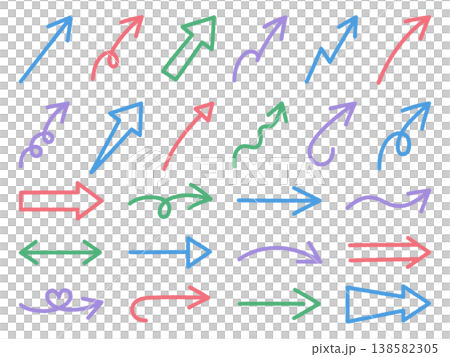 手書き風のゆるい矢印アイコンのベクターイラストセット。方向、手描き、シンプル、やじるし 手書き風のゆるい矢印アイコンのベクターイラストセット。方向、手描き、シンプル、やじるし 138582305