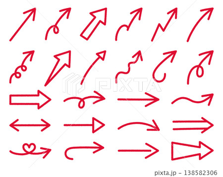 手書き風のゆるい矢印アイコンのベクターイラストセット。方向、手描き、シンプル、やじるし 手書き風のゆるい矢印アイコンのベクターイラストセット。方向、手描き、シンプル、やじるし 138582306