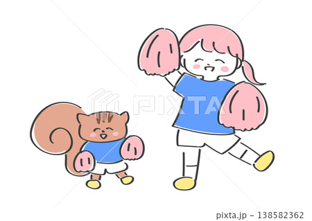 チアリーディングをする女の子とリス｜応援・励ましに便利なシンプルイラスト 138582362