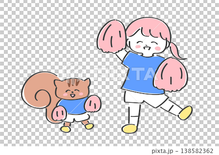 チアリーディングをする女の子とリス｜応援・励ましに便利なシンプルイラスト 138582362