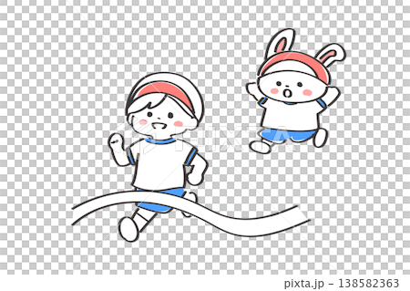 Cute illustration of a foot race at a school sports day | A boy and a rabbit running 138582363