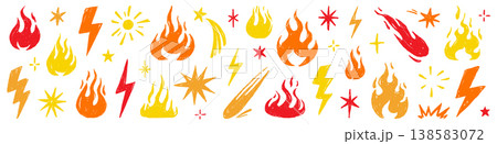 Fire flame icon doodle collage set. Hand drawn flame fire brush scribble grunge chalk texture shape graphic. Punk lightning bolt explosion energy blast sticker rock power burst. Vector illustration 138583072
