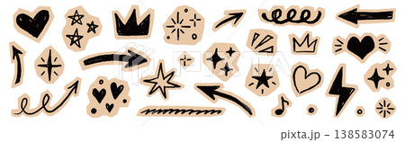 Scrapbook collage element sticker set. Hand drawn paper cut collage with crayon doodle line sketch texture background. Cute retro journal notebook scrap heart star circle arrow lightning crown. Vector 138583074