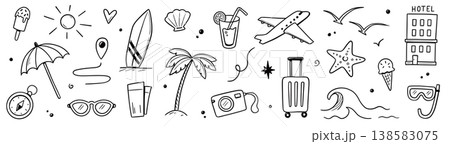Summer beach icon element set. Hand drawn doodle sketch with sun, sea, travel vacation holiday trip. Cute beach icon elements with sunglasses umbrella palm camera suitcase. Vector 138583075