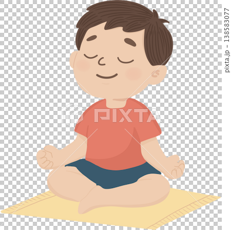 Cute cartoon boy sitting cross legged on a mat practicing meditation with eyes closed and a peaceful expression. Cute cartoon boy sitting cross legged on a mat practicing meditation with eyes closed and a peaceful expression. 138583077