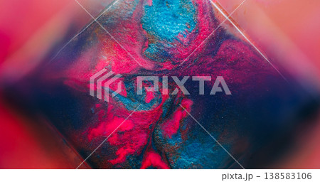Cube ink splash. Splatter texture. Defocused purple blue pink colorful glitter geometric sparkling liquid floating on abstract art background. 138583106