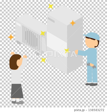 一幅插圖描繪了一個人在等距熱水器安裝完成後感到高興的情景。 138583272