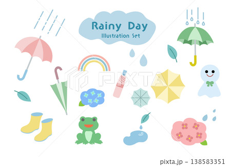 梅雨のかわいい雨の日イラストセット|傘・長靴・カエル・虹・パステルカラー素材 梅雨のかわいい雨の日イラストセット|傘・長靴・カエル・虹・パステルカラー素材 138583351