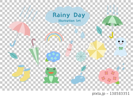 Cute rainy day illustration set for the rainy season | Umbrella, rain boots, frog, rainbow, pastel color materials 138583351