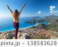 Young woman looking at Oludeniz beach, blue lagoon with clear bright turquoise water, Lycia coast. Summer day walk by Lycian way at family vacation in Mediterranean Sea, Fethye, Antalya region, Turkey 138583628