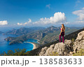 Young woman looking at Oludeniz beach, blue lagoon with clear bright turquoise water, Lycia coast. Summer day walk by Lycian way at family vacation in Mediterranean Sea, Fethye, Antalya region, Turkey 138583633