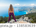 Young woman looking at Oludeniz beach, blue lagoon with clear bright turquoise water, Lycia coast. Summer day walk by Lycian way at family vacation in Mediterranean Sea, Fethye, Antalya region, Turkey 138583639