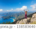 Young woman looking at Oludeniz beach, blue lagoon with clear bright turquoise water, Lycia coast. Summer day walk by Lycian way at family vacation in Mediterranean Sea, Fethye, Antalya region, Turkey 138583640