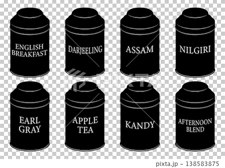 Kitchen tin containers for various types of tea, with labels. Kitchen tin containers for various types of tea, with labels. 138583875