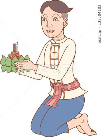 Vector illustration of a man holding ritual vessel in Loy Krathong festival of Thailand in traditional Thai art style. Vector illustration of a man holding ritual vessel in Loy Krathong festival of Thailand in traditional Thai art style. 138584183