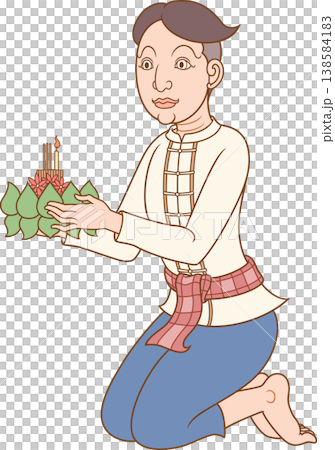 Vector illustration of a man holding ritual vessel in Loy Krathong festival of Thailand in traditional Thai art style. Vector illustration of a man holding ritual vessel in Loy Krathong festival of Thailand in traditional Thai art style. 138584183