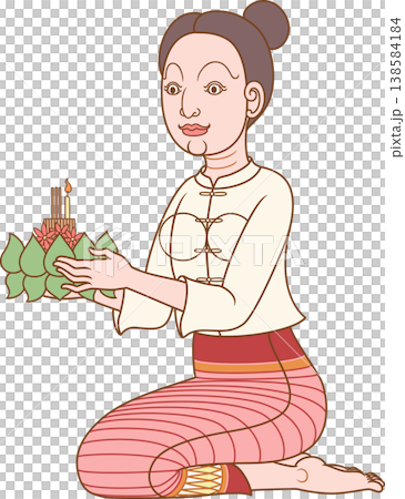 Illustration of a woman holding ritual vessel in Loy Krathong festival of Thailand in traditional Thai art style. Illustration of a woman holding ritual vessel in Loy Krathong festival of Thailand in traditional Thai art style. 138584184