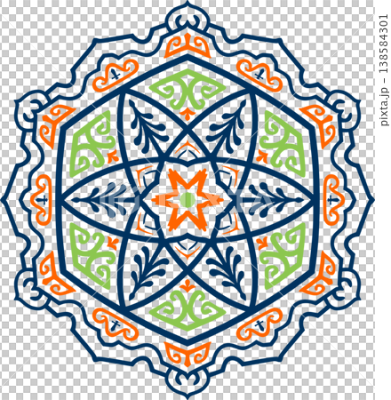 Mandala Ornament with Blue, Green, and Orange Geometric Folk Patterns Mandala Ornament with Blue, Green, and Orange Geometric Folk Patterns 138584301