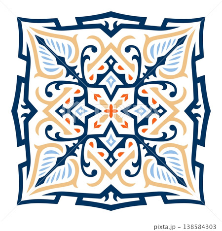 Symmetrical Mediterranean Ceramic Tile Pattern with Blue and Orange Floral Ornaments Symmetrical Mediterranean Ceramic Tile Pattern with Blue and Orange Floral Ornaments 138584303
