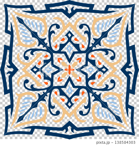 Symmetrical Mediterranean Ceramic Tile Pattern with Blue and Orange Floral Ornaments Symmetrical Mediterranean Ceramic Tile Pattern with Blue and Orange Floral Ornaments 138584303
