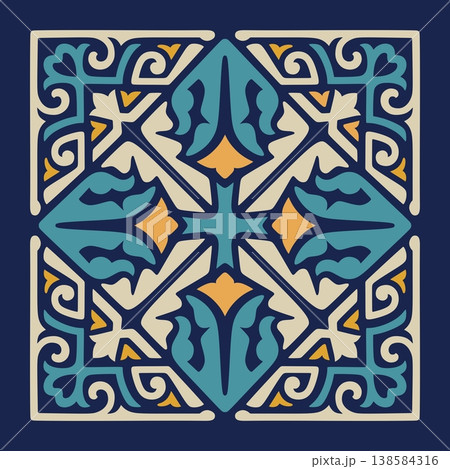 Symmetrical Mediterranean Ceramic Tile Pattern with Floral Ornaments Symmetrical Mediterranean Ceramic Tile Pattern with Floral Ornaments 138584316